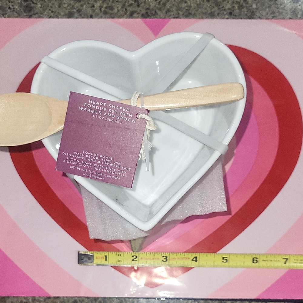 White Heart-Shaped Fondue Set with Wooden Spoon